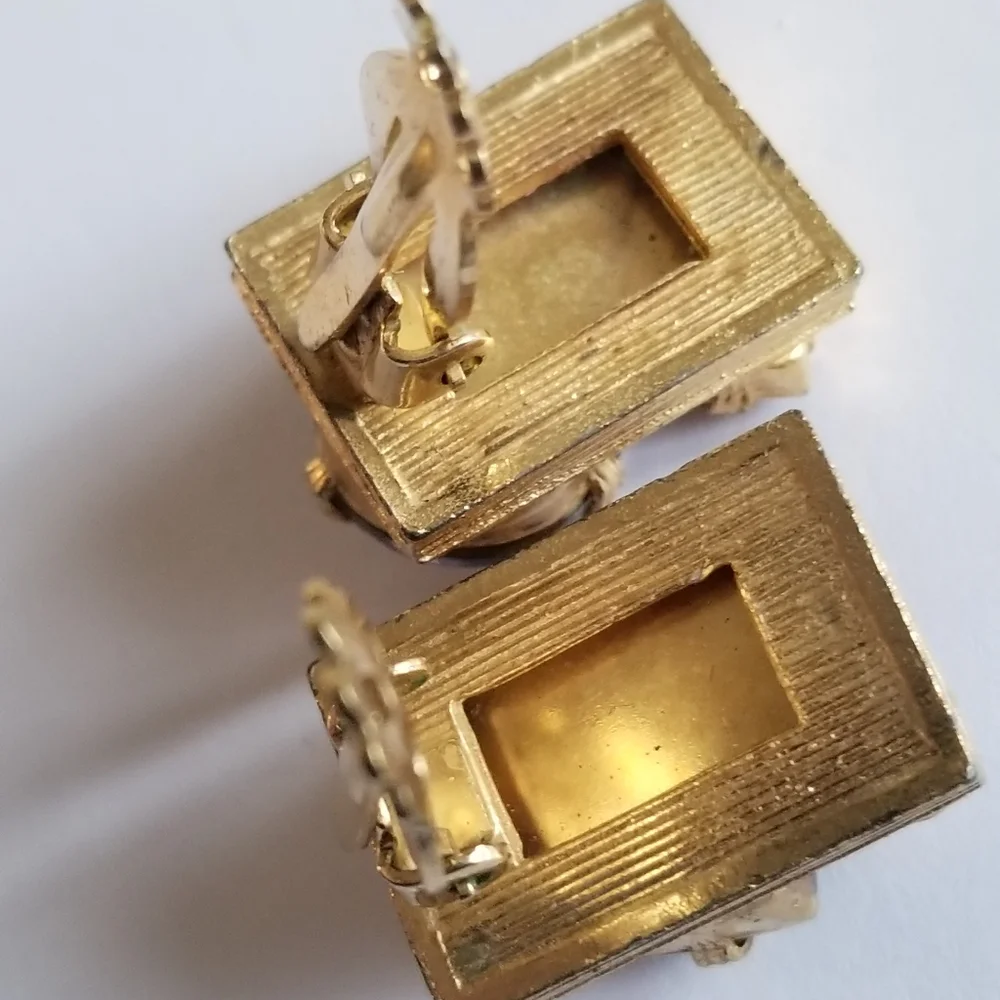 Vintage earrings rhinestone clip on faux opal gold tone rectangular chunky